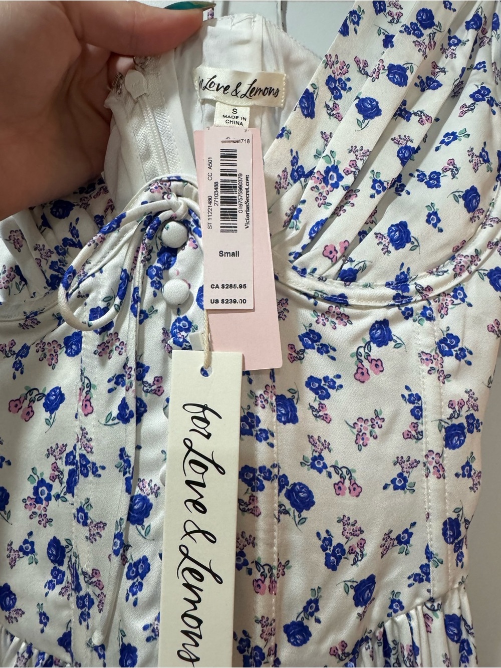 For Love & Lemons Paulina Puff Sleeve Corset Mini Dress Blue Floral Print - S - Picture 10 of 11